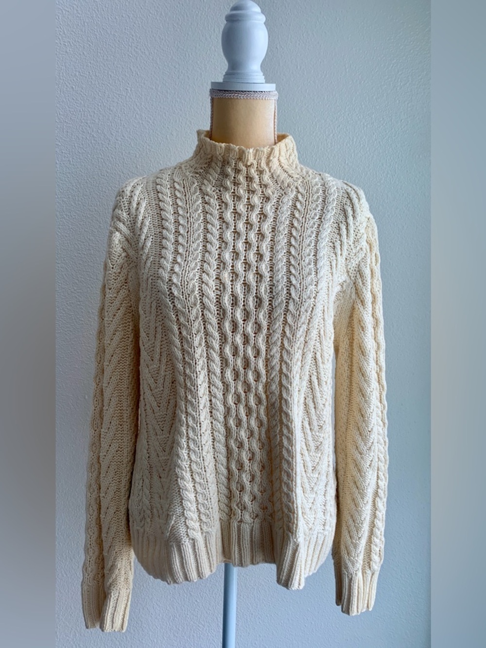 Lands End Cream Cable Knit Turtleneck Long Sleeve Sweater